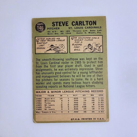 1967 Topps Baseball‎ #146 Steve Carlton St. Louis Cardinals HOF Pitcher VGC - Picture 2 of 2